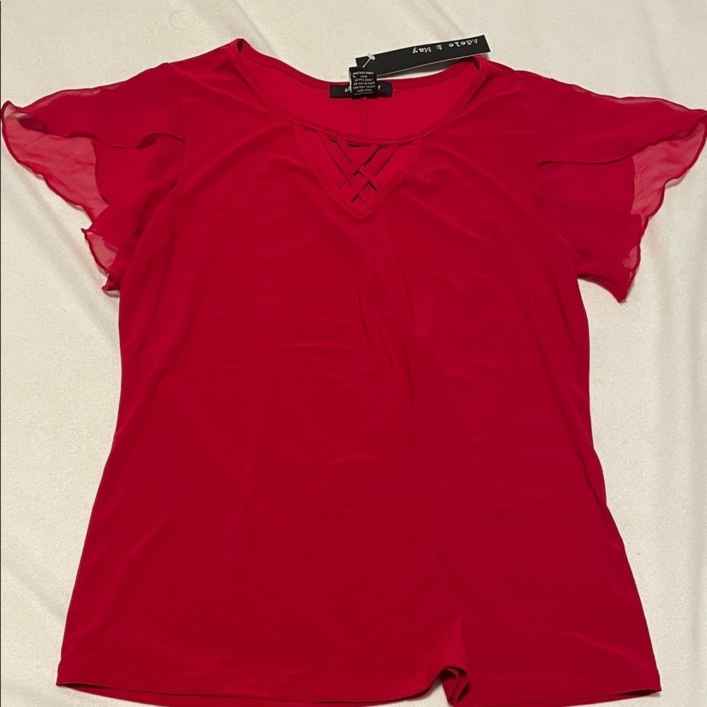 Elegant Red Blouse with Lattice Neckline women size M